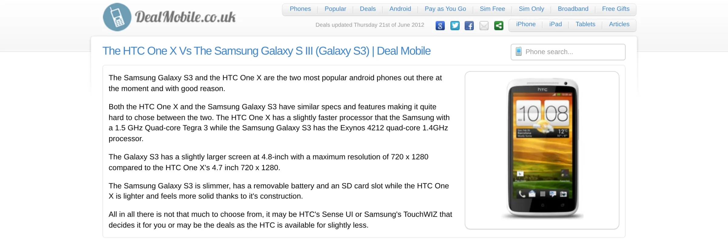 The Deal Mobile home page in June 2012: the DealMobile.co.uk logo, a menu of phones, deals, Android, pay as you go, SIM-free, SIM-only, broadband and free gifts, the date the deals were last updated, and an article comparing the HTC One X with the Samsung Galaxy S III.
