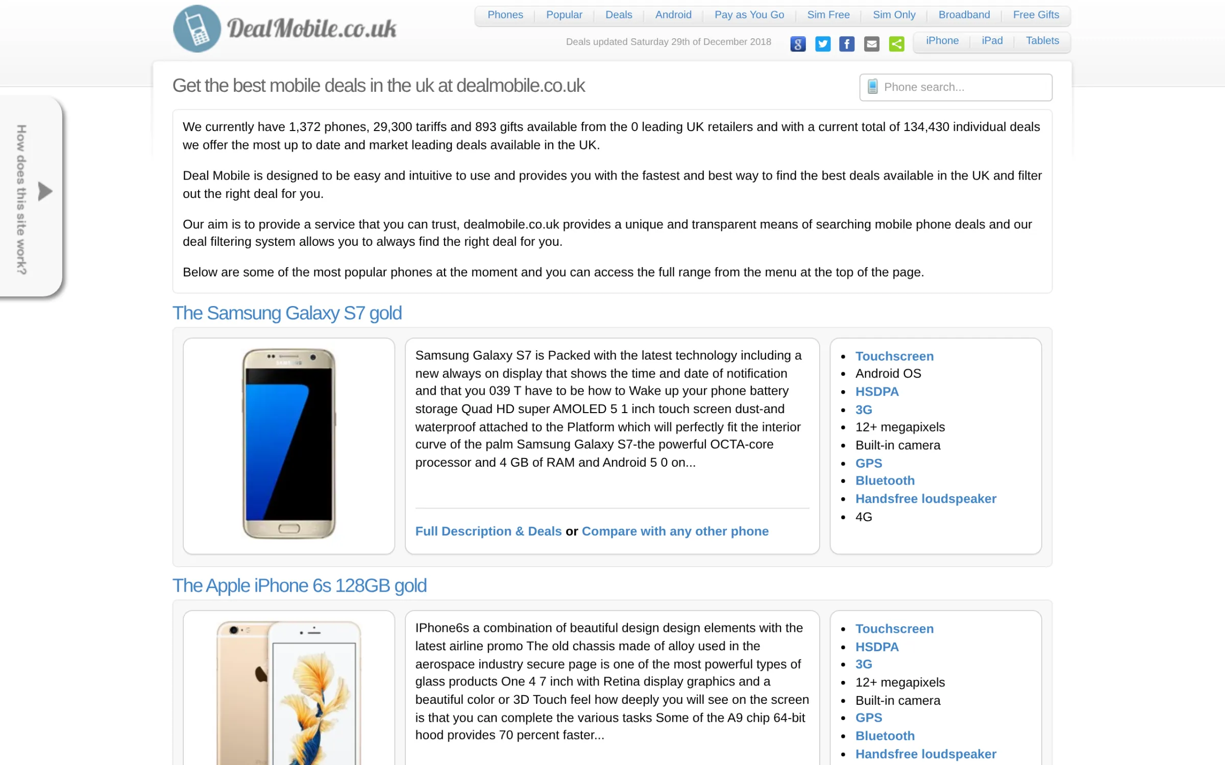 The Deal Mobile home page in December 2018, saying it had 1,372 phones, 29,300 tariffs and 134,430 deals, with the Samsung Galaxy S7 and the iPhone 6s at the top of the list.