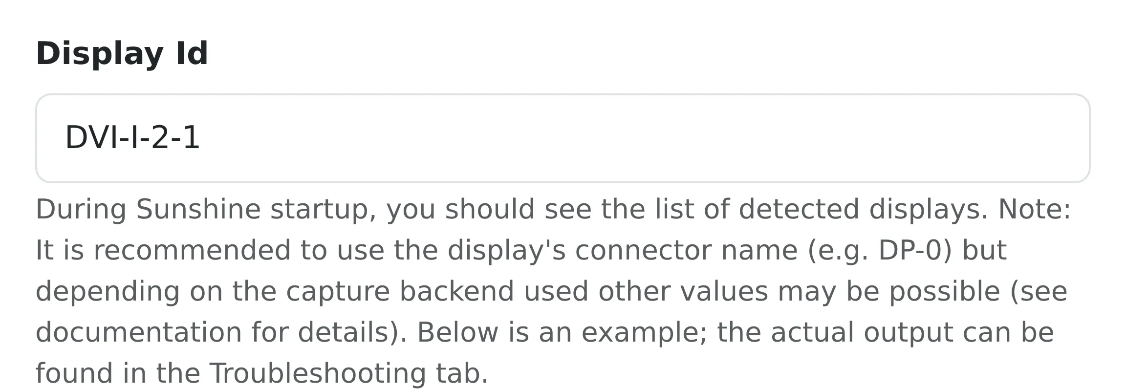 Sunshine’s Display Id setting, set to DVI-I-2-1, with its help text recommending a display’s connector name, such as DP-0.