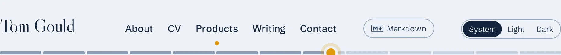 The masthead of a product page: the name Tom Gould, the links About, CV, Products, Writing and Contact, a Markdown link with the Markdown logo, and the theme switch.