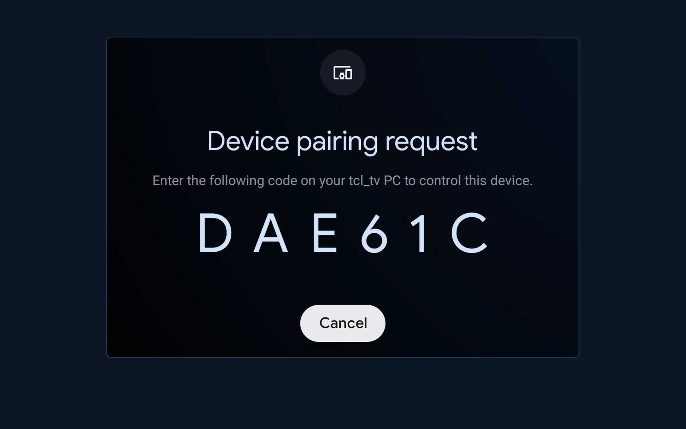 The TV’s pairing screen, asking for the code DAE61C to be entered on the tcl_tv PC.