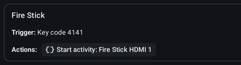 Key Mapper’s key map named Fire Stick: the trigger is key code 4141, and the action starts an activity, Fire Stick HDMI 1.