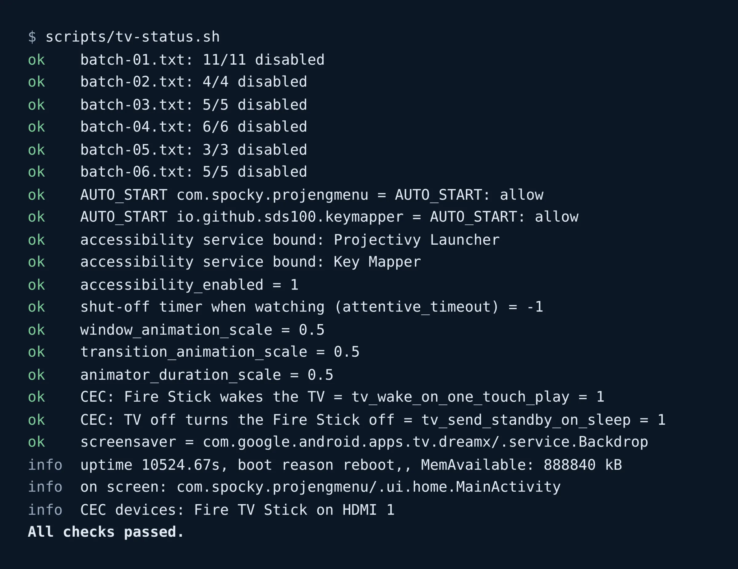 The output of tv-status.sh: all six batches still disabled, AUTO_START allowed for Projectivy and Key Mapper, both accessibility services bound, and the shut-off timer, animation, CEC and screensaver settings as expected, ending with “All checks passed.”