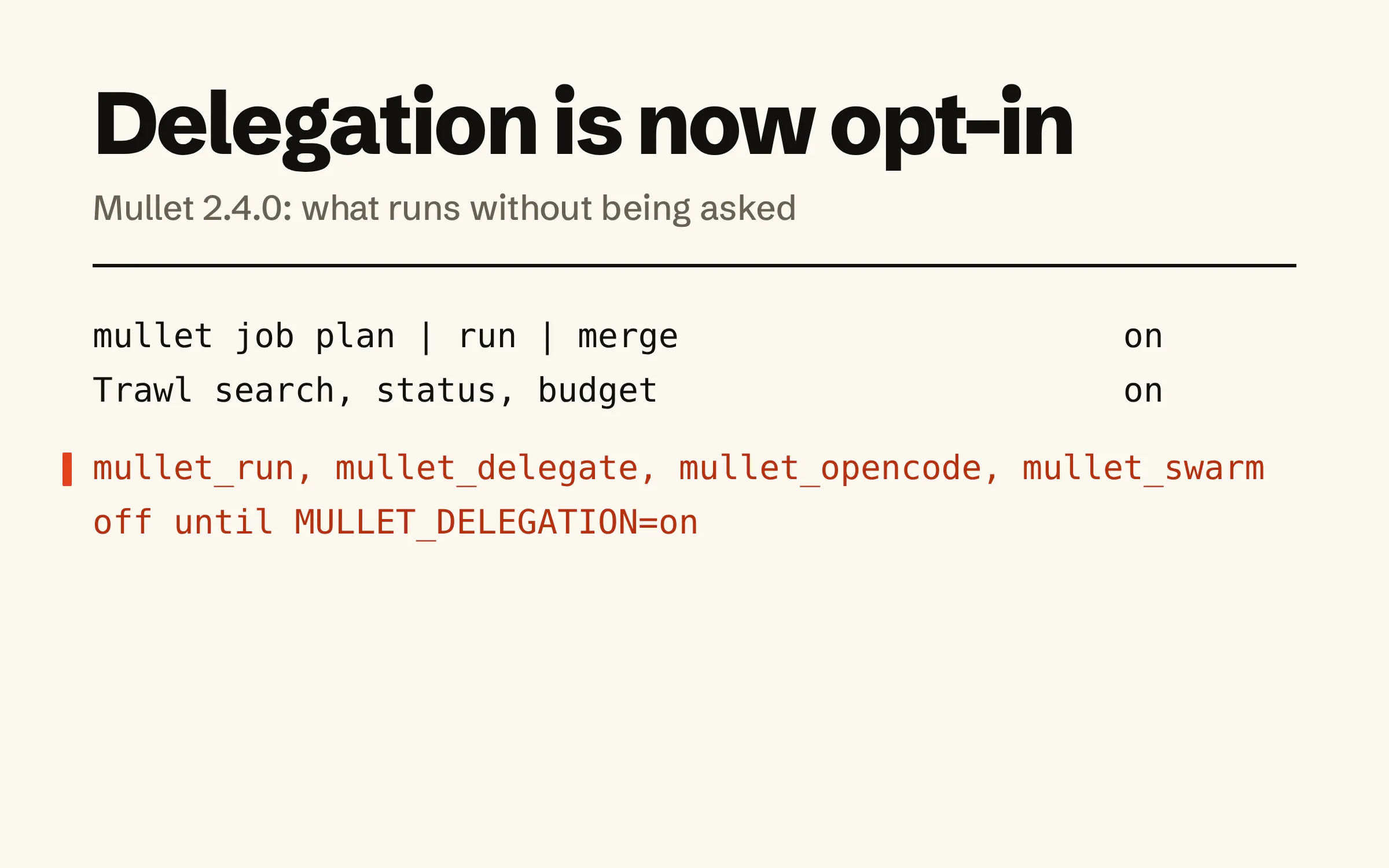 What runs without being asked in Mullet 2.4.0. The job commands, plan, run and merge: on. Trawl search, status and budget: on. The delegation tools mullet_run, mullet_delegate, mullet_opencode and mullet_swarm: off until MULLET_DELEGATION=on is set.