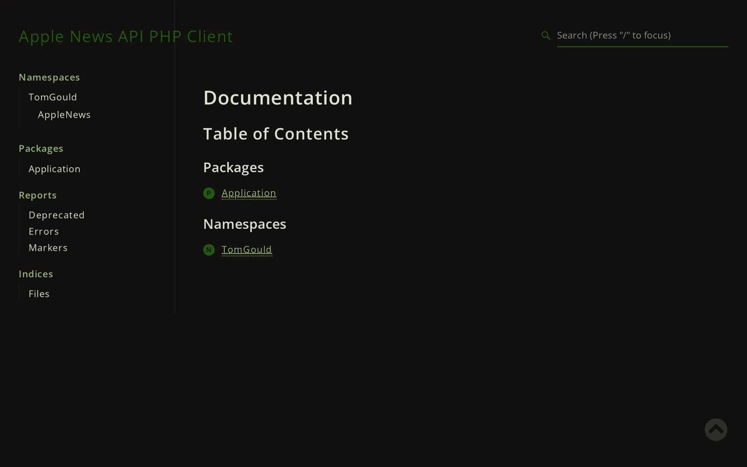 The documentation home page for the Apple News API PHP client, listing its namespaces and packages.