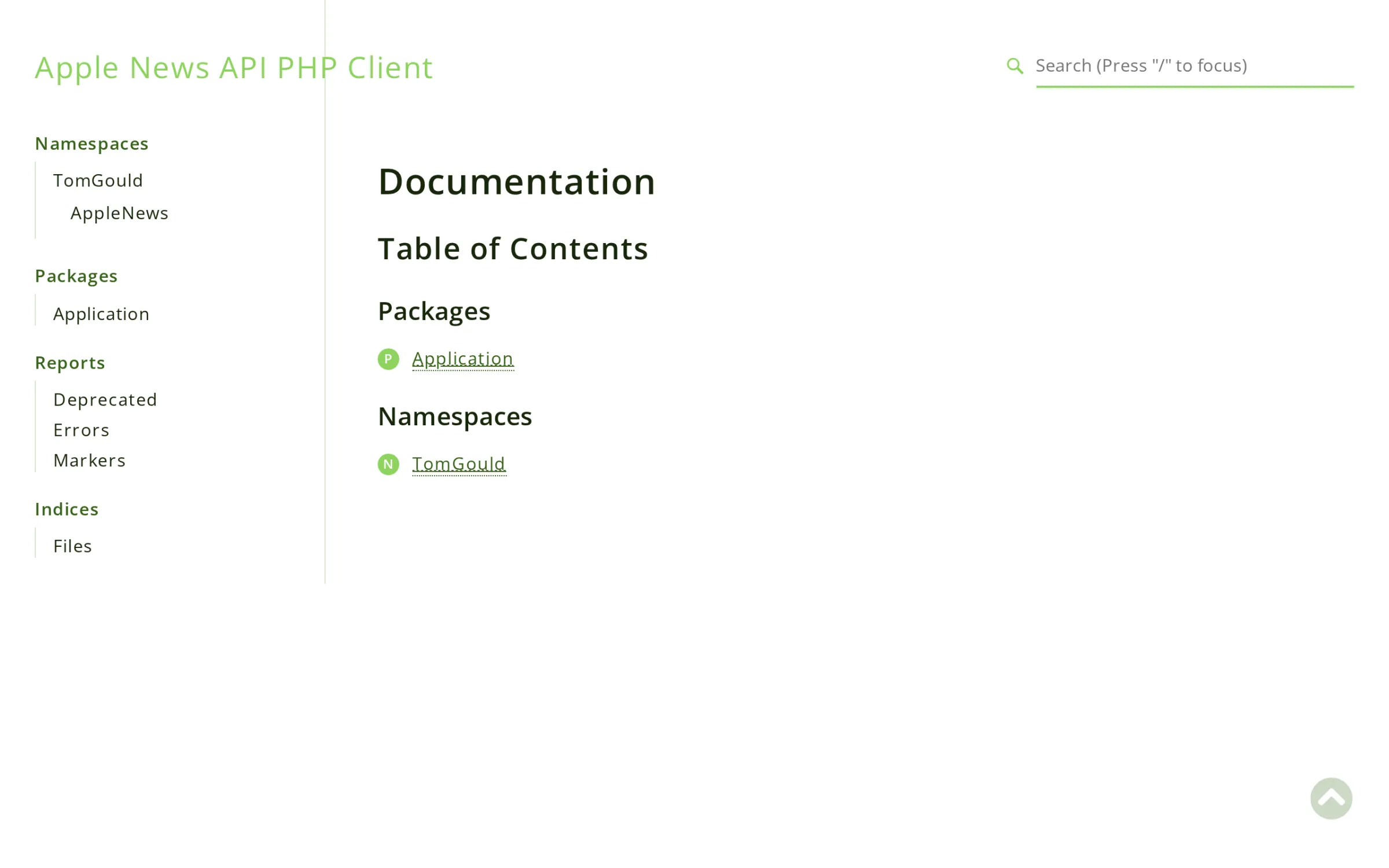 The documentation home page for the Apple News API PHP client, listing its namespaces and packages.