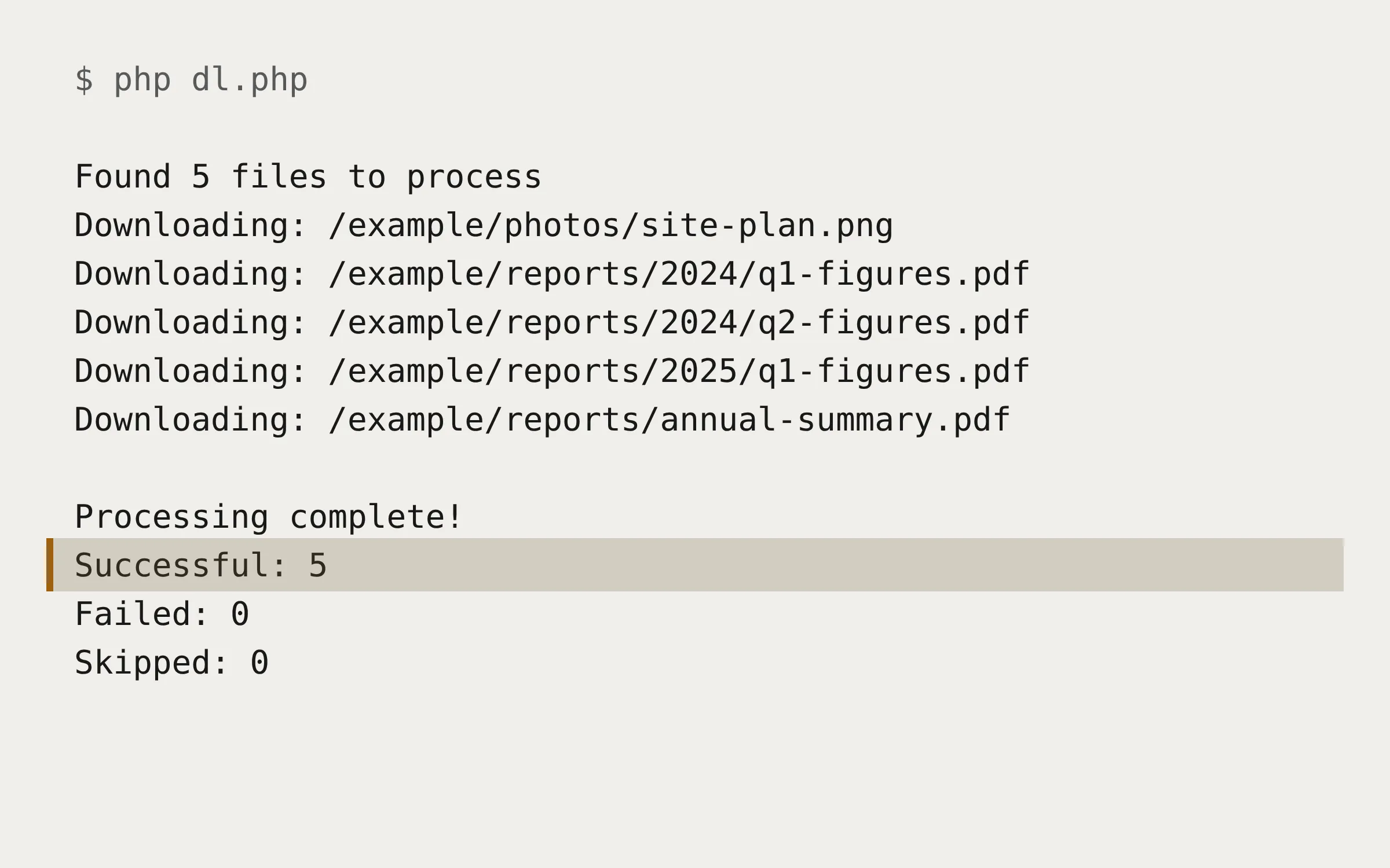 Terminal output from Scrape downloading five files from a test directory listing into a local folder tree, ending in 5 successful and 0 failed.