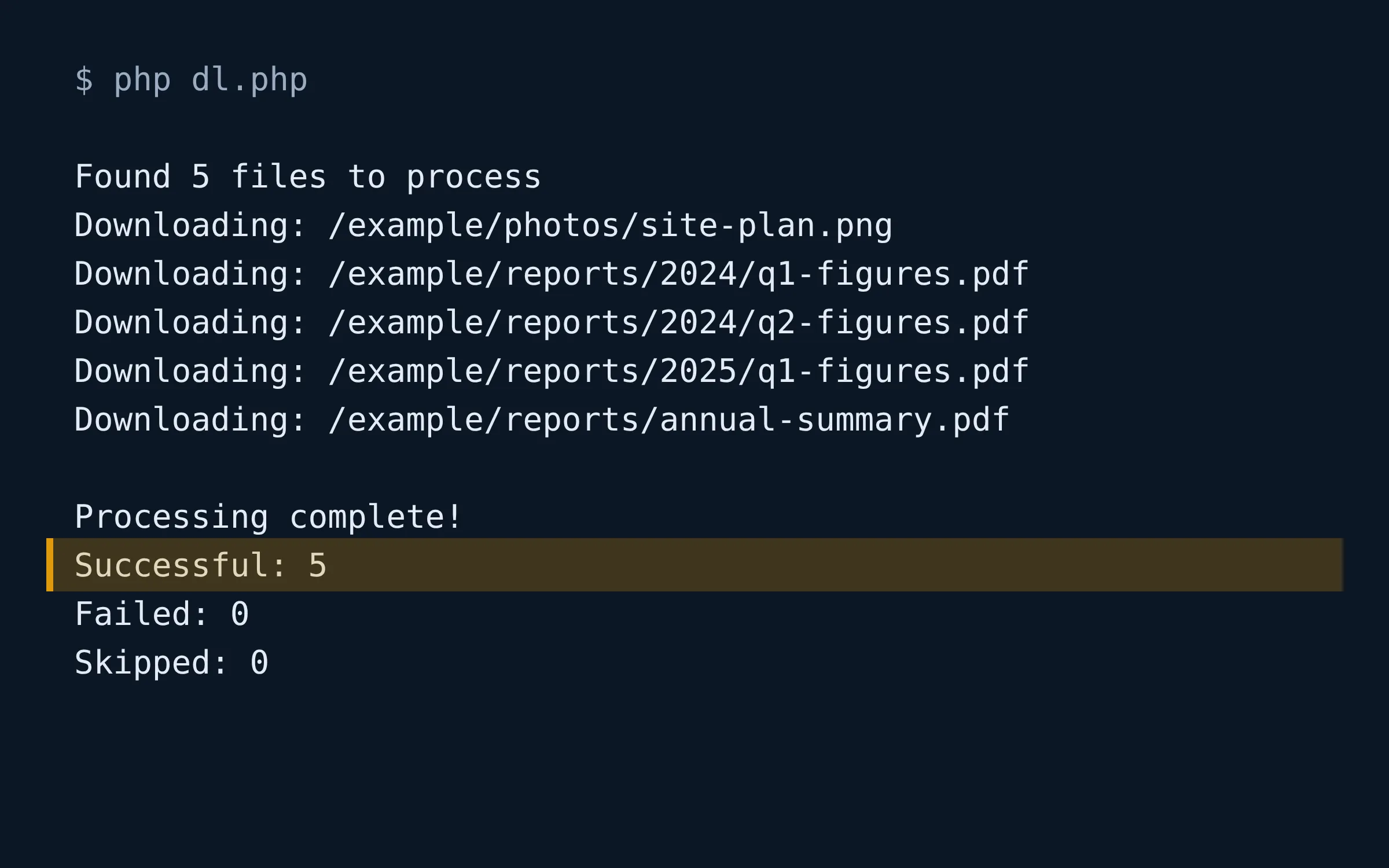 Terminal output from Scrape downloading five files from a test directory listing into a local folder tree, ending in 5 successful and 0 failed.
