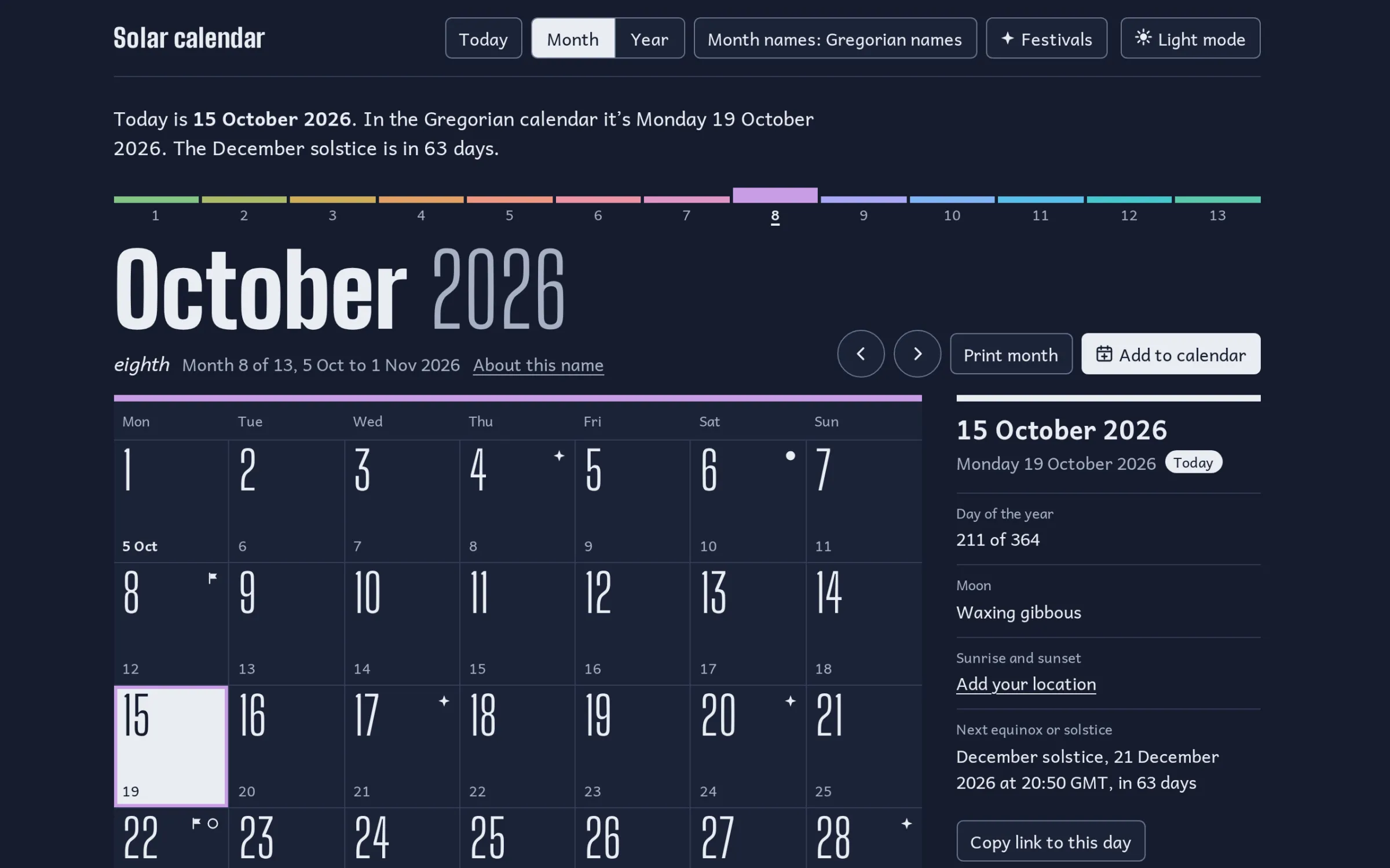 The month view for the 8th month of solar 2026, with Gregorian dates beside each day and today marked.