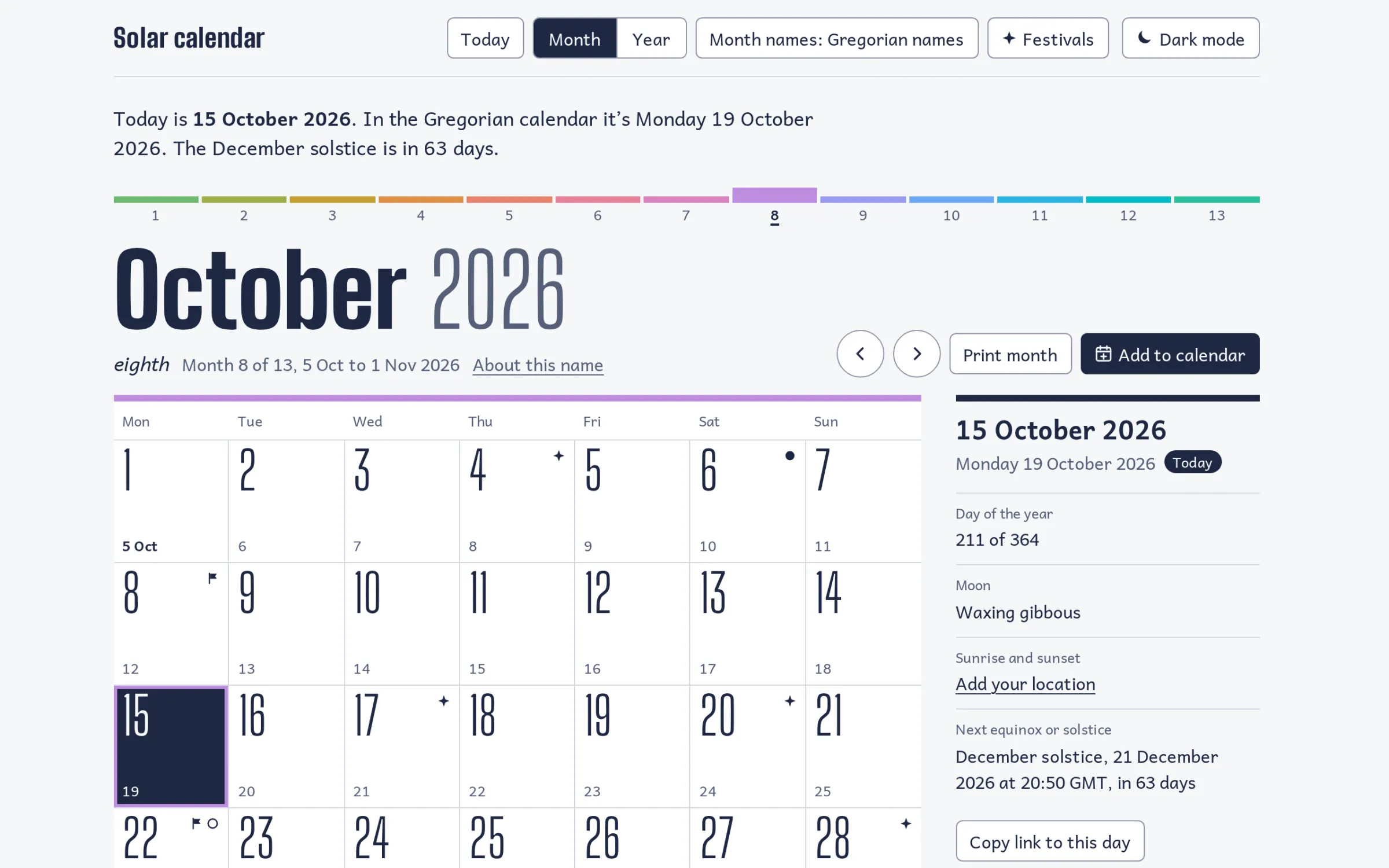 The month view for the 8th month of solar 2026, with Gregorian dates beside each day and today marked.