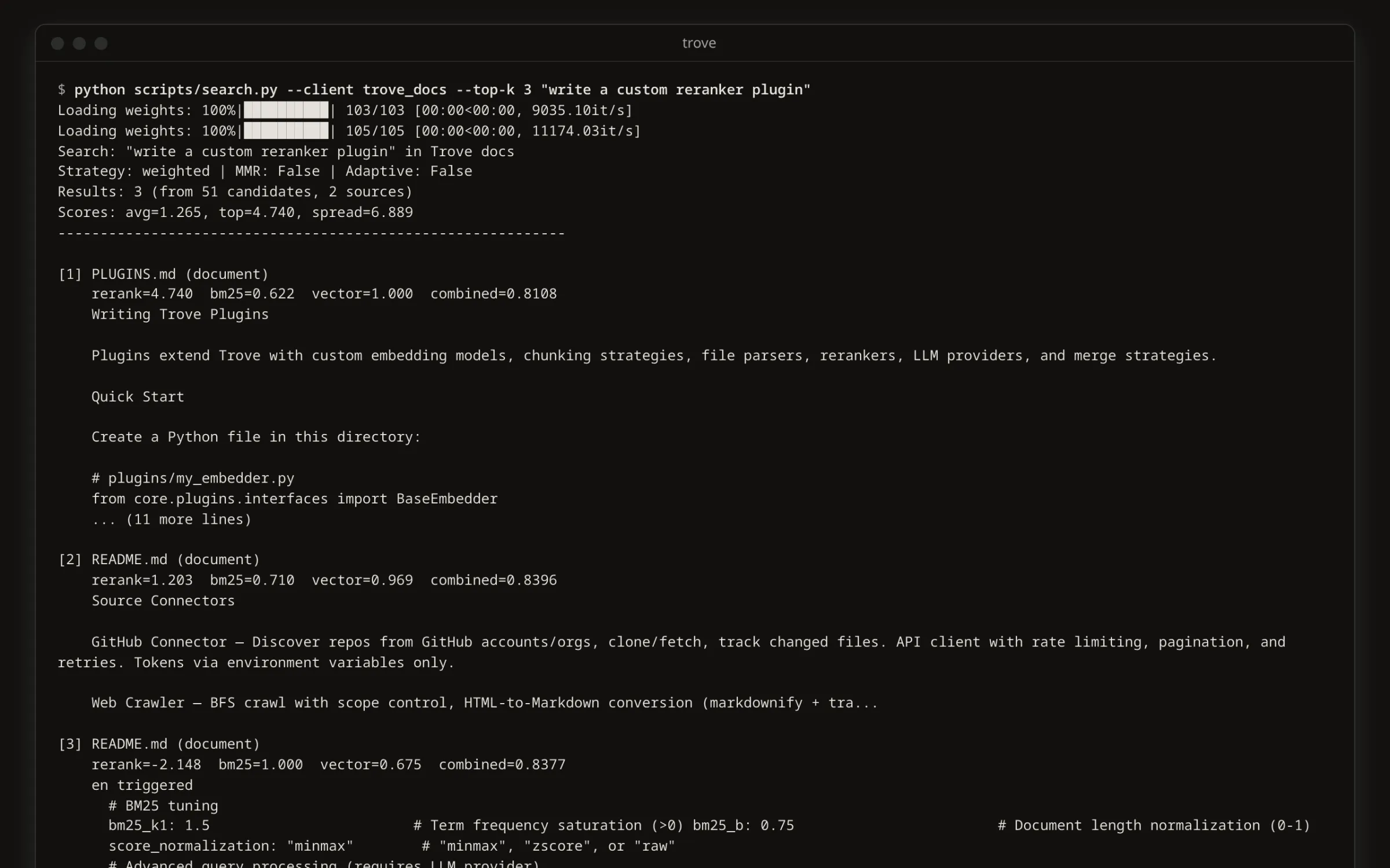 A Trove search in a terminal for “write a custom reranker plugin”, over an index of Trove’s own documentation used as sample data. Each of the three results shows its re-ranking, keyword, vector and combined scores, and the plugin guide comes first although another chunk had a higher combined score.