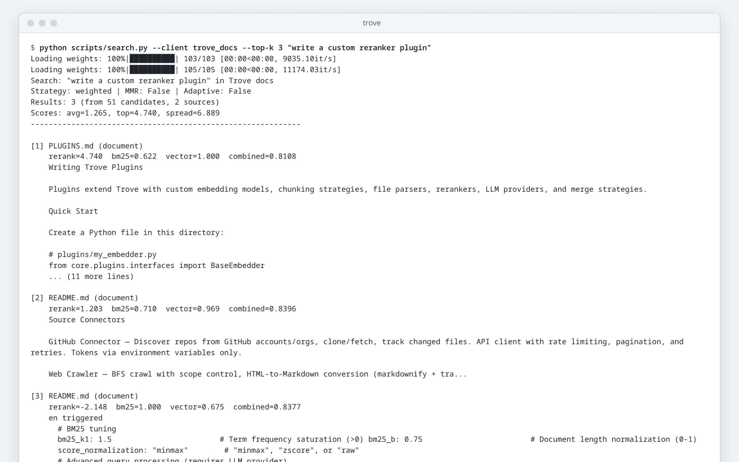 A Trove search in a terminal for “write a custom reranker plugin”, over an index of Trove’s own documentation used as sample data. Each of the three results shows its re-ranking, keyword, vector and combined scores, and the plugin guide comes first although another chunk had a higher combined score.