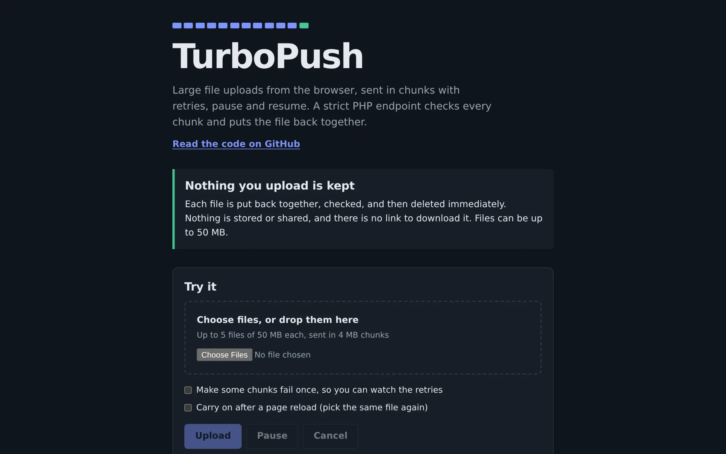 The TurboPush demo: a drop zone for up to five files, with options to make chunks fail and to carry on after a reload.