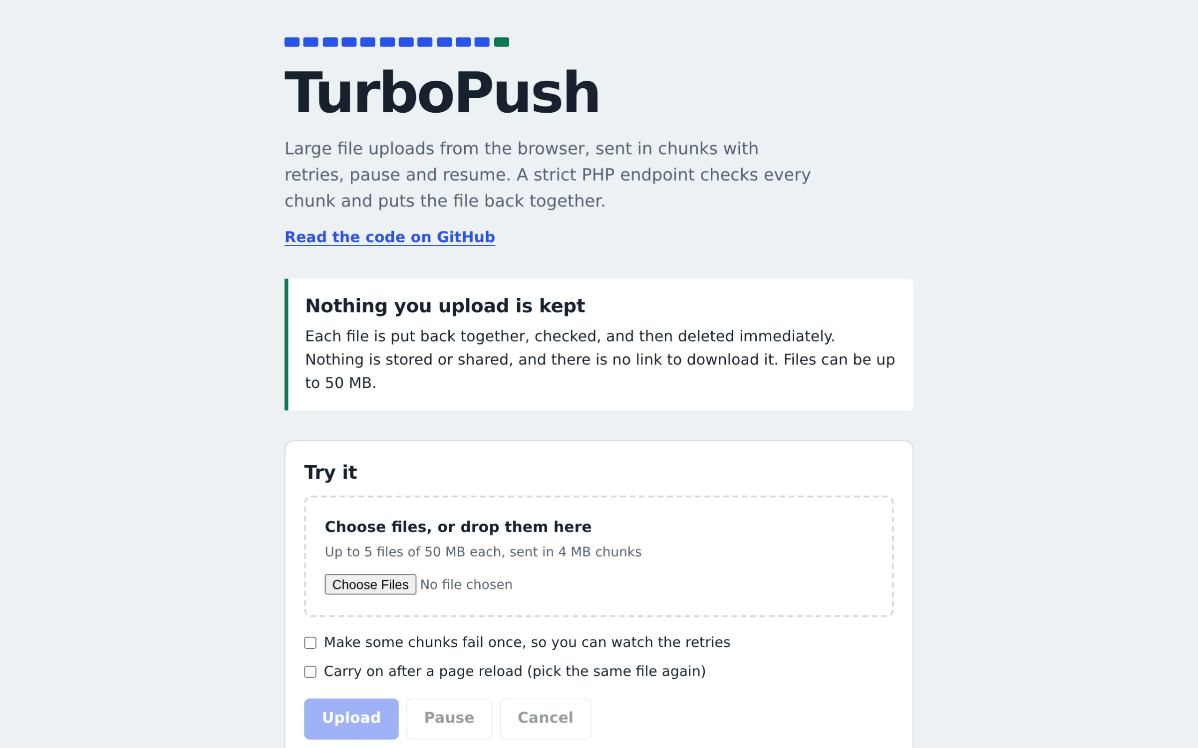 The TurboPush demo: a drop zone for up to five files, with options to make chunks fail and to carry on after a reload.